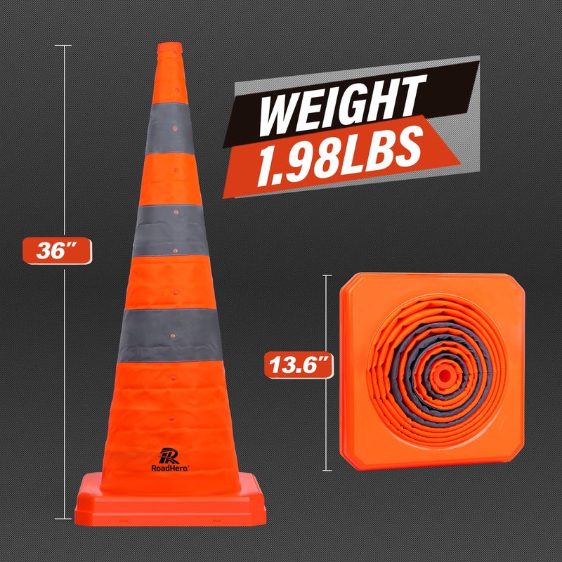 RoadHero 36 Inch 4 Pack Collapsible Traffic Safety Cones, Multi Purpose Pop-up Cones with Reflective Collar for Road Safety, Orange Cones for Driving Training, Parking Lots - Image 4